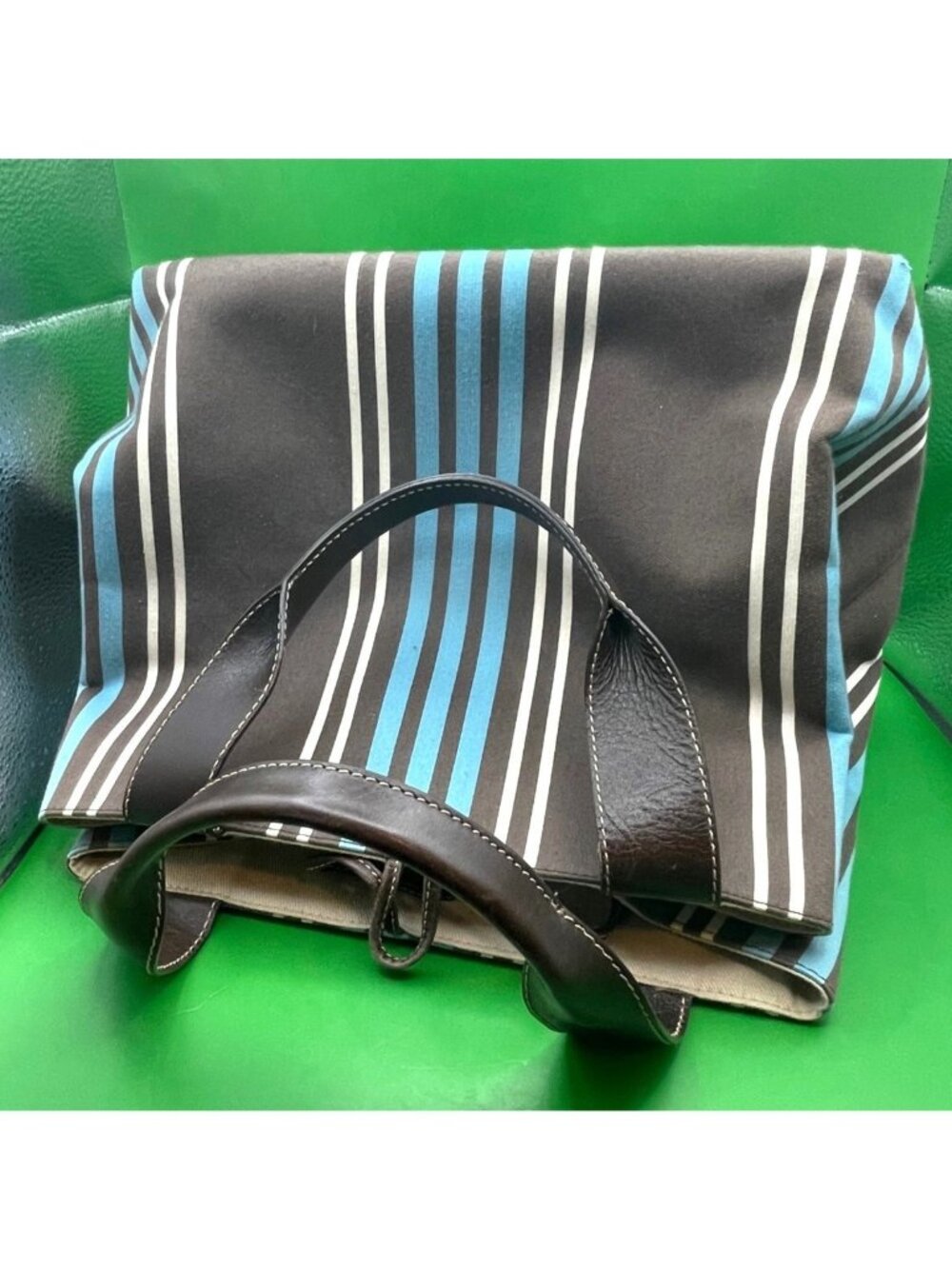 Kate Spade NY Striped Canvas Tote Bag Blue Brown White Leather Handles Italy VTG - Picture 8 of 15